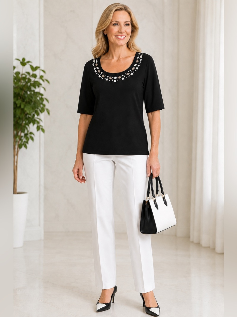 Camille La Vie Black Short-Sleeve Top with Silver-Tone Gem Neckline